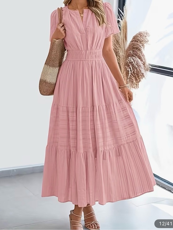 Dresses & Skirts - Pink Tiered Maxi Dress with Smocked Waist